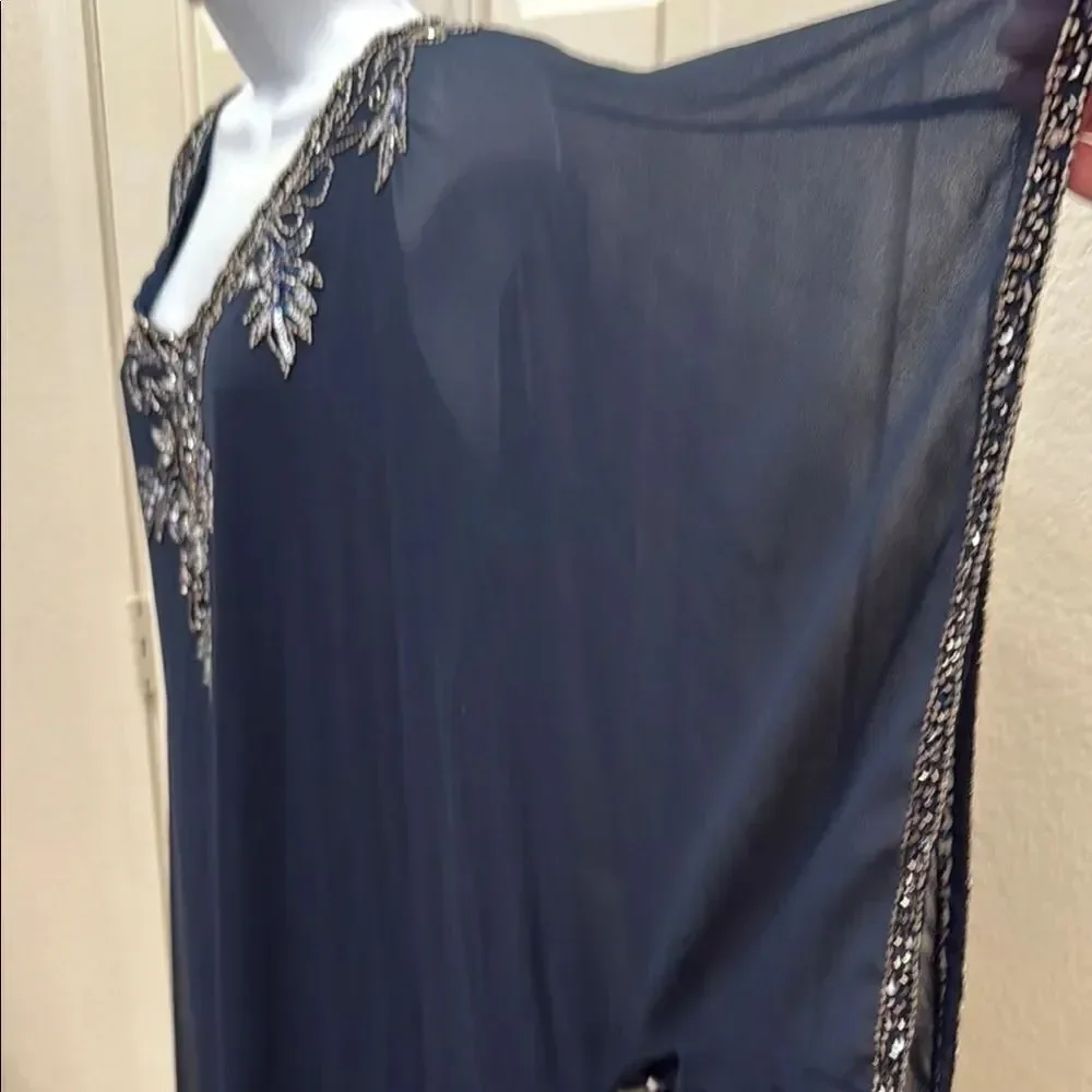 Jkara Elegant Navy Mercury Beaded Embellished Midi Dress Sheer Kaftan Plus 24W